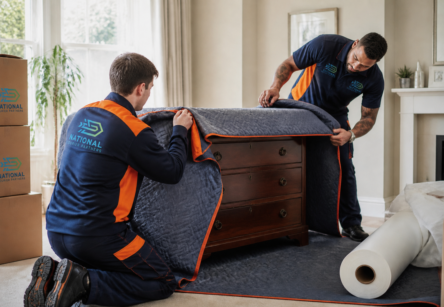 NCP movers wrapping a dresser in protective blankets
